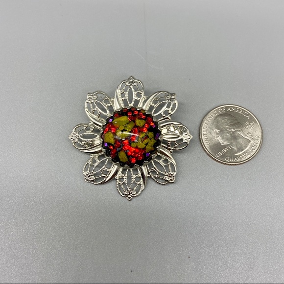 Vintage Faux Opal Silver Filigree Brooch - Picture 4 of 11